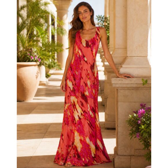 Calvin Klein Dresses & Skirts - Calvin Klein 100% Silk Abstract Maxi Dress Pink Coral Sleeveless M